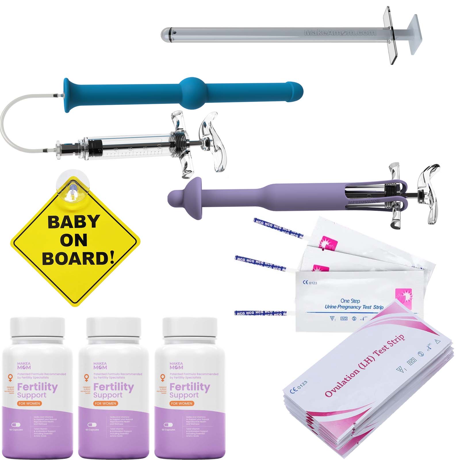 Three intracervical insemination syringe kits alongside three fertility boost supplements on a neutral background, highlighting options for couples seeking conception support.