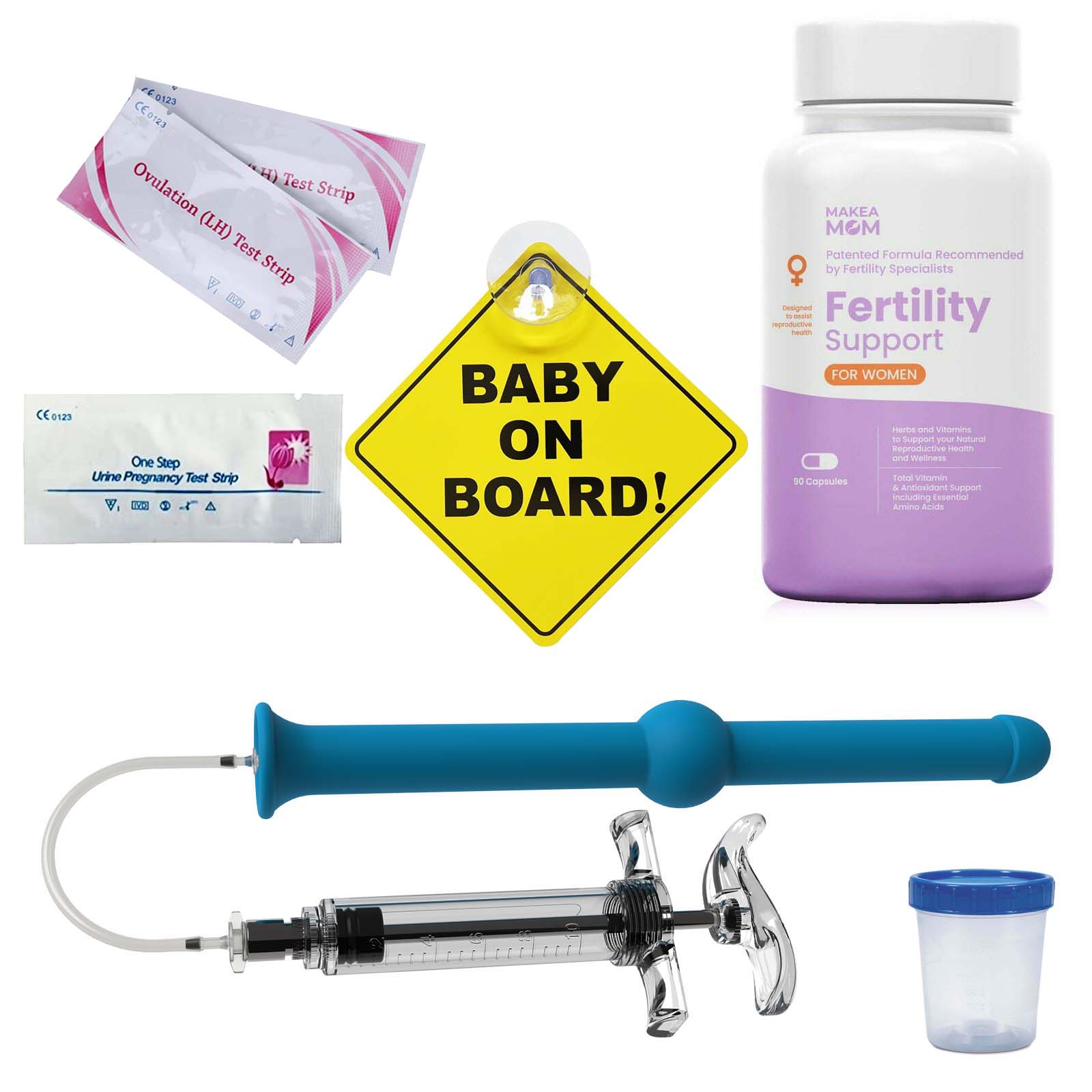 A comfortable silicone intracervical insemination kit next to a fertility boost supplement on a soft background, offering a gentle and holistic approach to conception support.