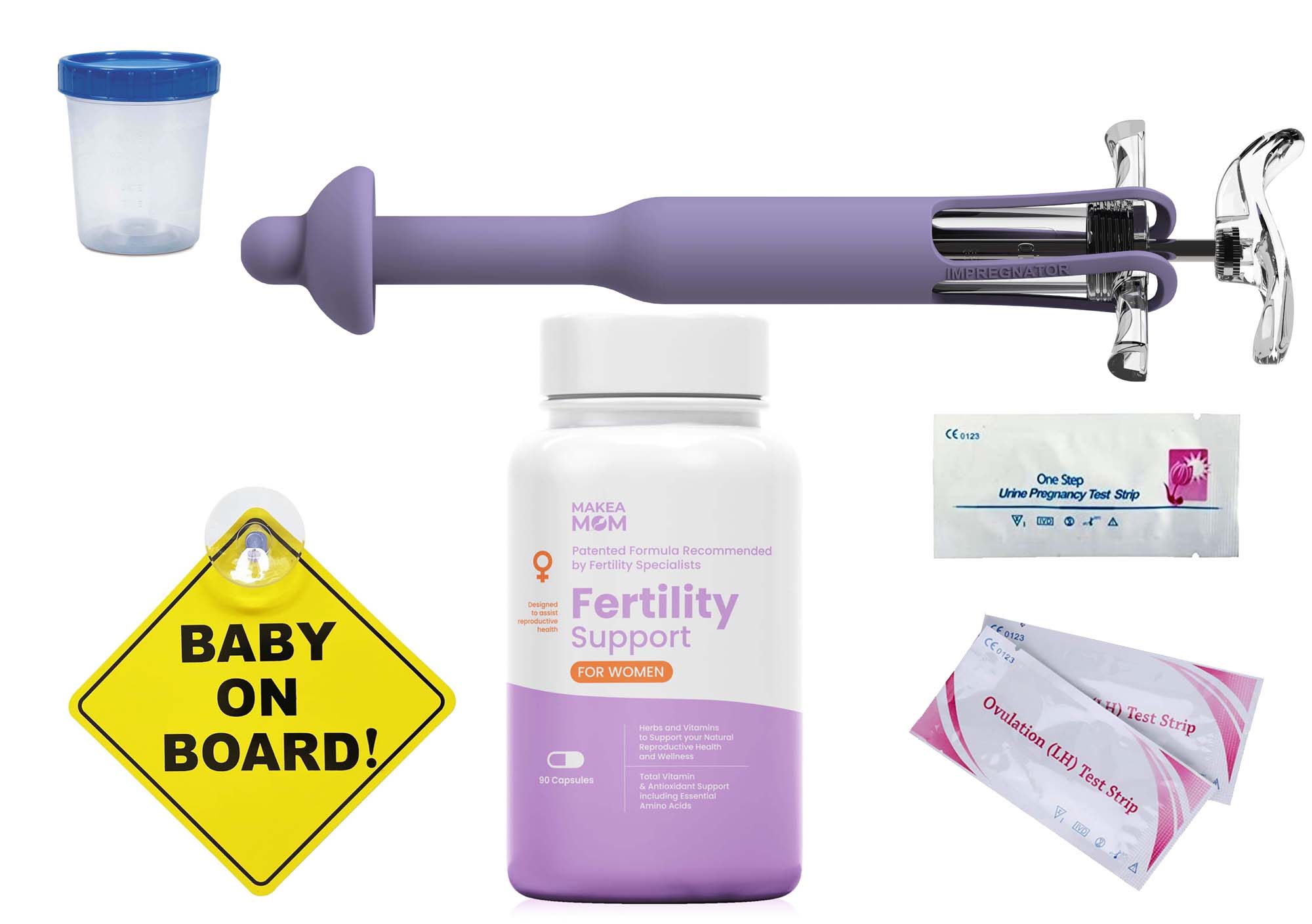 One intracervical insemination syringe kit and a fertility boost supplement on a light background, symbolizing a comprehensive approach to supporting conception.