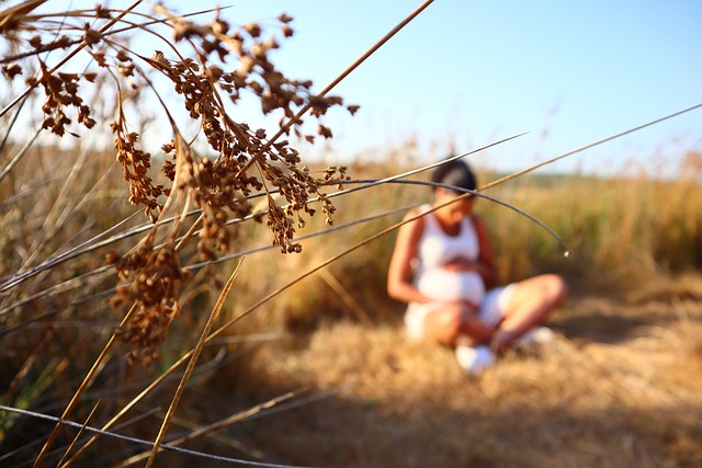 pregnant woman sitting down wearing white dress in a field