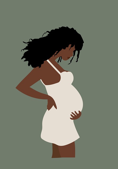 cartoon image of dark skinned woman holding her pregnant belly